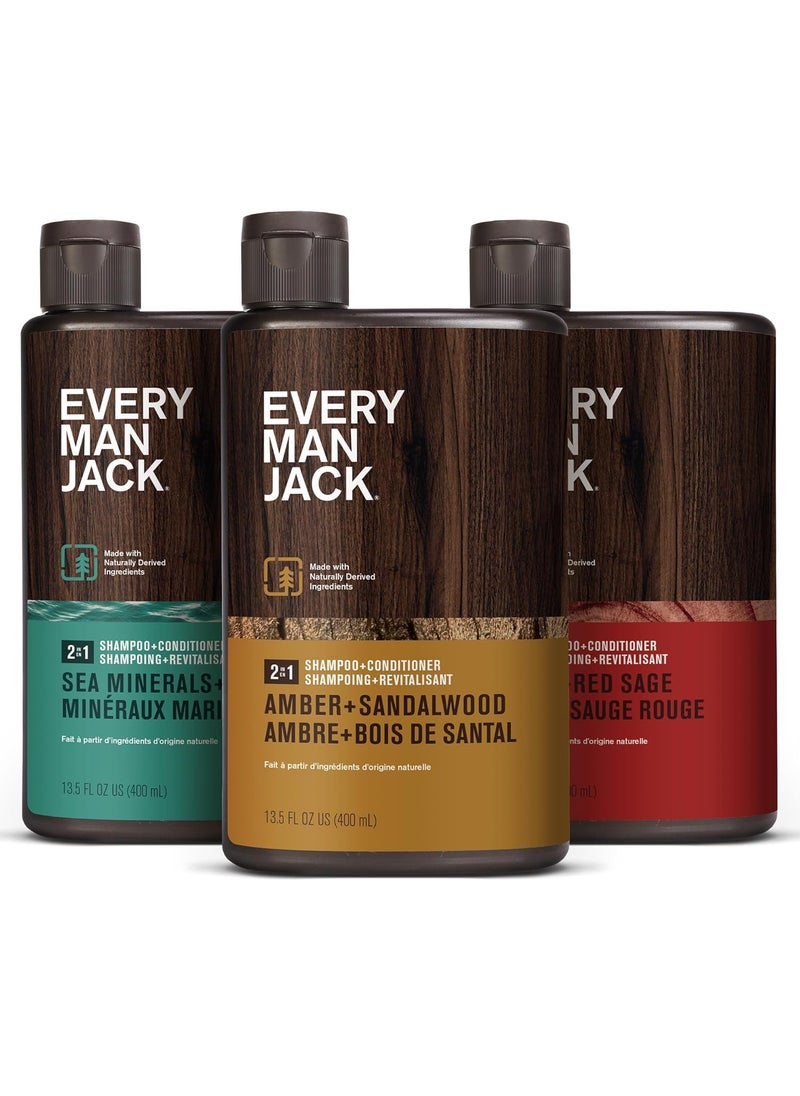 Every Man Jack - Every Man Jack Men's 2-in-1 Daily Shampoo + Conditioner Variety Pack - Includes 3 Outdoor Inspired Scents Scents - Amber + Sandalwood, Cedar + Red Sage, Sea Minerals + Citron, 13.5 oz (3 Pack) - Image 1