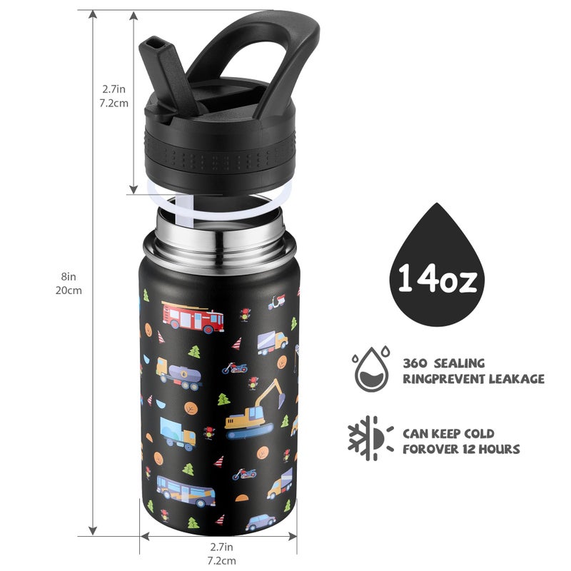 COKTIK 14 Oz Kids Water Bottle, Stainless Steel Water Bottle with Straws, Leak-Proof, BPA-Free, Insulated Water Bottles for School Boys & Girls|Black Car - Image 3
