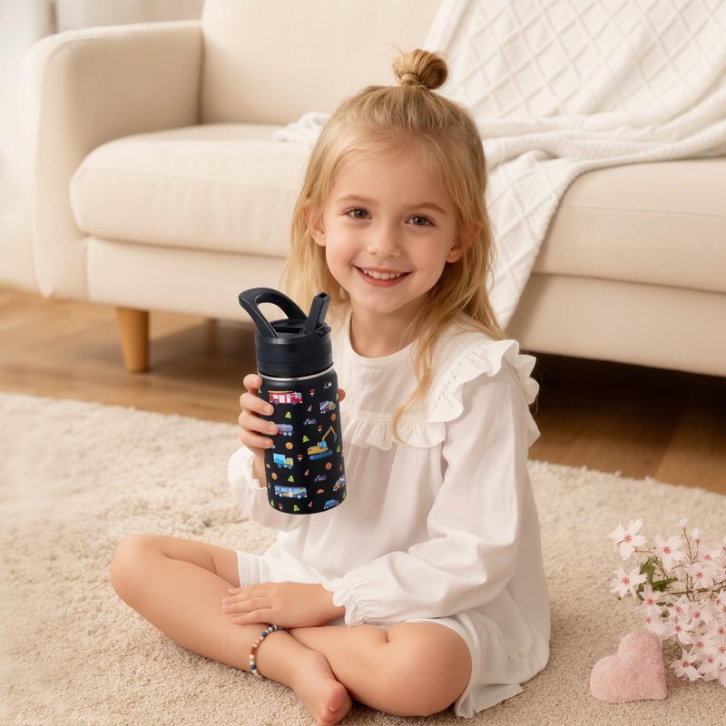 COKTIK 14 Oz Kids Water Bottle, Stainless Steel Water Bottle with Straws, Leak-Proof, BPA-Free, Insulated Water Bottles for School Boys & Girls|Black Car - Image 2