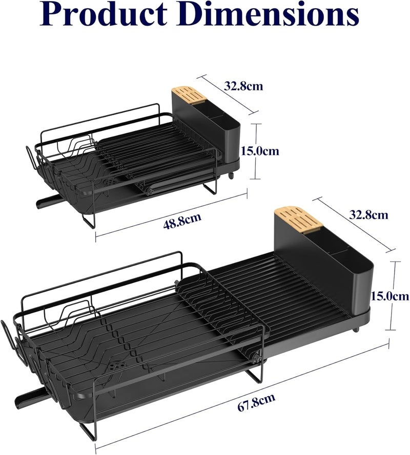 Kitsure Large Dish Drying Rack - Extendable Dish Rack, Multifunctional Dish Rack for Kitchen Counter, Anti-Rust Dish Drainers with Cutlery & Cup Holders 19.2"-26.7" L x 12.9" W, Black - Image 4
