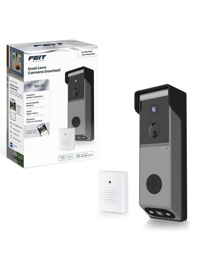Feit Electric Smart Wireless Doorbell w/Dual-Lens 1080p HD Camera, 24/7 Local Recording, Night Vision, Voice Assistant, AI Detection for People & Packages, Includes Wireless Chime, CAM2/DOOR/WIFI/BAT - Image 1