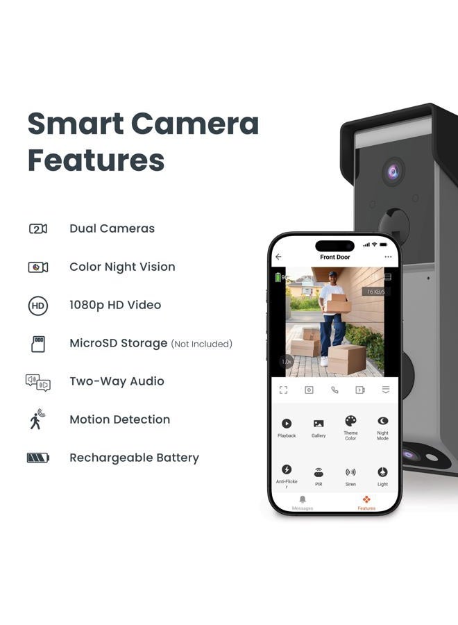 Feit Electric Smart Wireless Doorbell w/Dual-Lens 1080p HD Camera, 24/7 Local Recording, Night Vision, Voice Assistant, AI Detection for People & Packages, Includes Wireless Chime, CAM2/DOOR/WIFI/BAT - Image 3