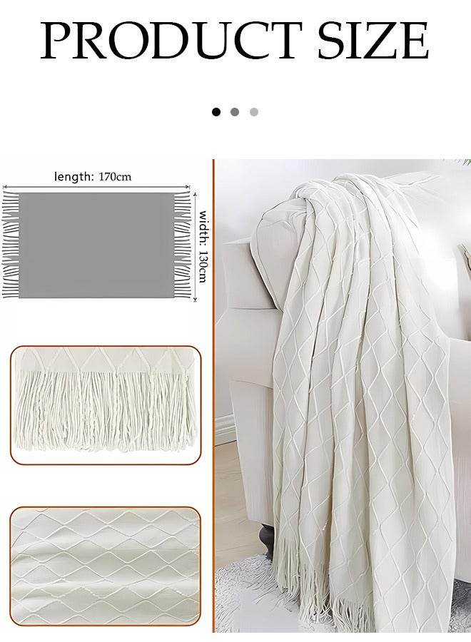 DUNISO Knitted Throw Blankets, tassel sofa cover blanket, geometric pattern air conditioning blanket, portable and soft, suitable for beds, sofas, travel, camping, 130 * 170cm, beige  - Image 2