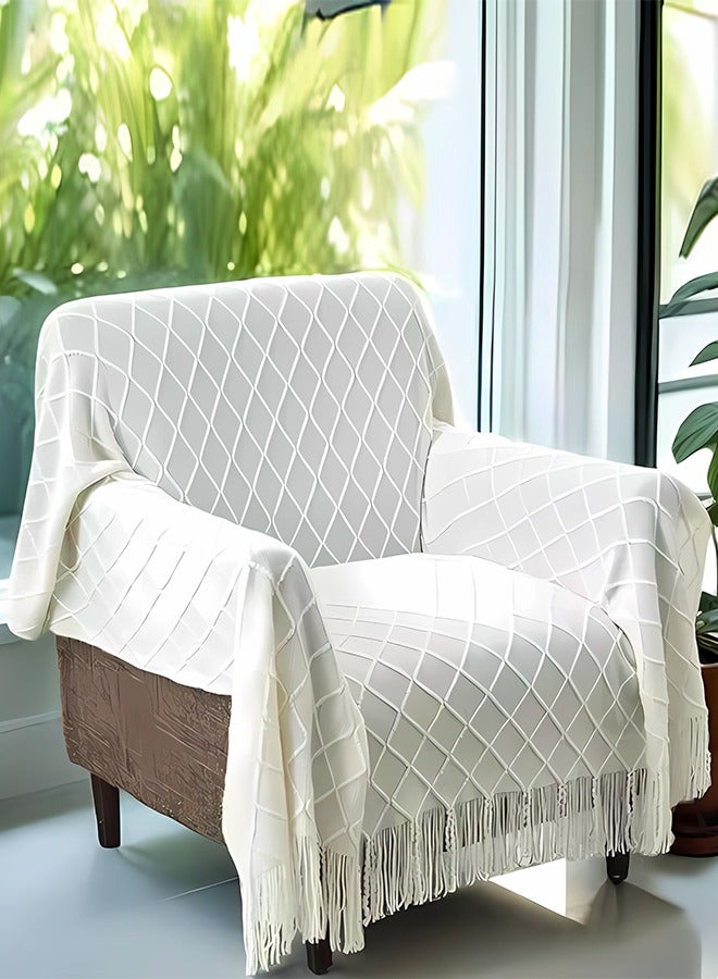 DUNISO Knitted Throw Blankets, tassel sofa cover blanket, geometric pattern air conditioning blanket, portable and soft, suitable for beds, sofas, travel, camping, 130 * 170cm, beige  - Image 5