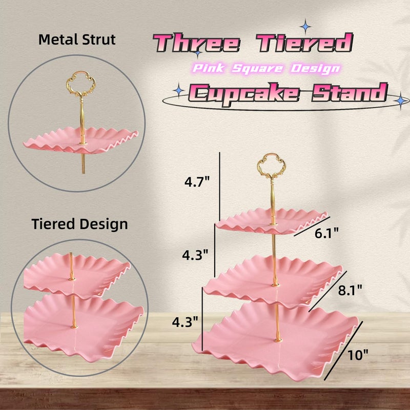 RAUVOLFIA 2 Pack of Plastic Square Dessert Cupcake Stand, 3 Tier Cup Cake Holder Tower for Tea Party/Birthday/Wedding, Plastic Tiered Serving Tray (Pink) - Image 2