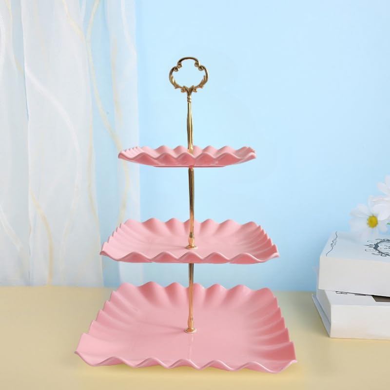 RAUVOLFIA 2 Pack of Plastic Square Dessert Cupcake Stand, 3 Tier Cup Cake Holder Tower for Tea Party/Birthday/Wedding, Plastic Tiered Serving Tray (Pink) - Image 5