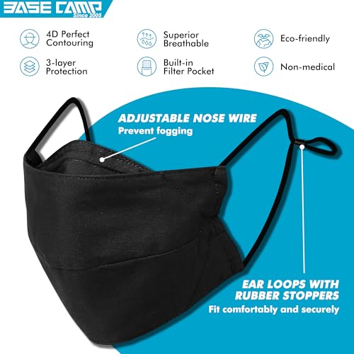 BASE CAMP Reusable Cloth Dust Face Masks 100% Cotton Washable Adjustable Breathable Fabric Mask with Filter Pocket, 3 Pack, Black - Image 2