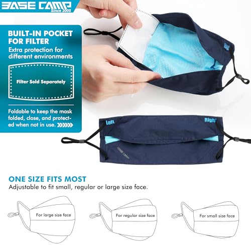 BASE CAMP Reusable Cloth Dust Face Masks 100% Cotton Washable Adjustable Breathable Fabric Mask with Filter Pocket, 3 Pack, Black - Image 5