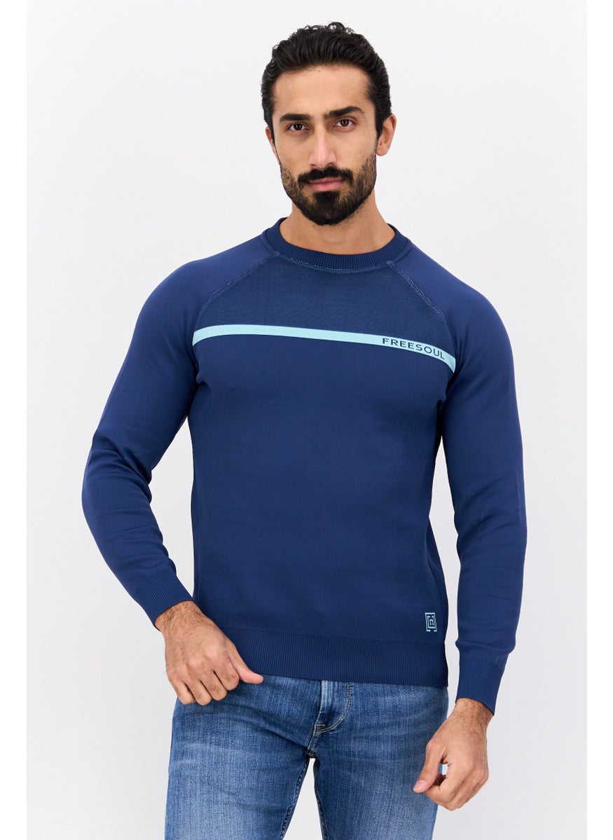 Free Soul Men Crew Neck Long Sleeves Brand Logo Sweatshirt, Navy  - Image 1