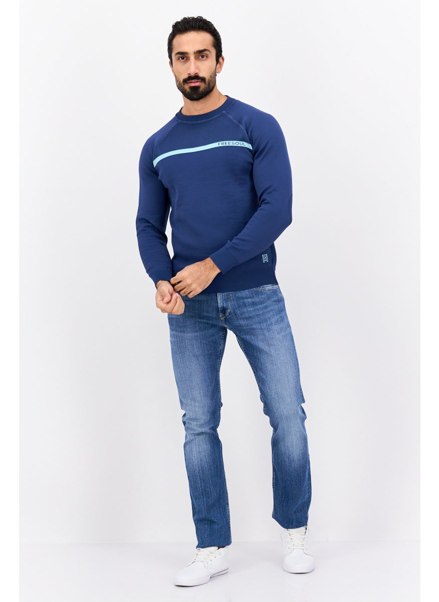 Free Soul Men Crew Neck Long Sleeves Brand Logo Sweatshirt, Navy  - Image 4