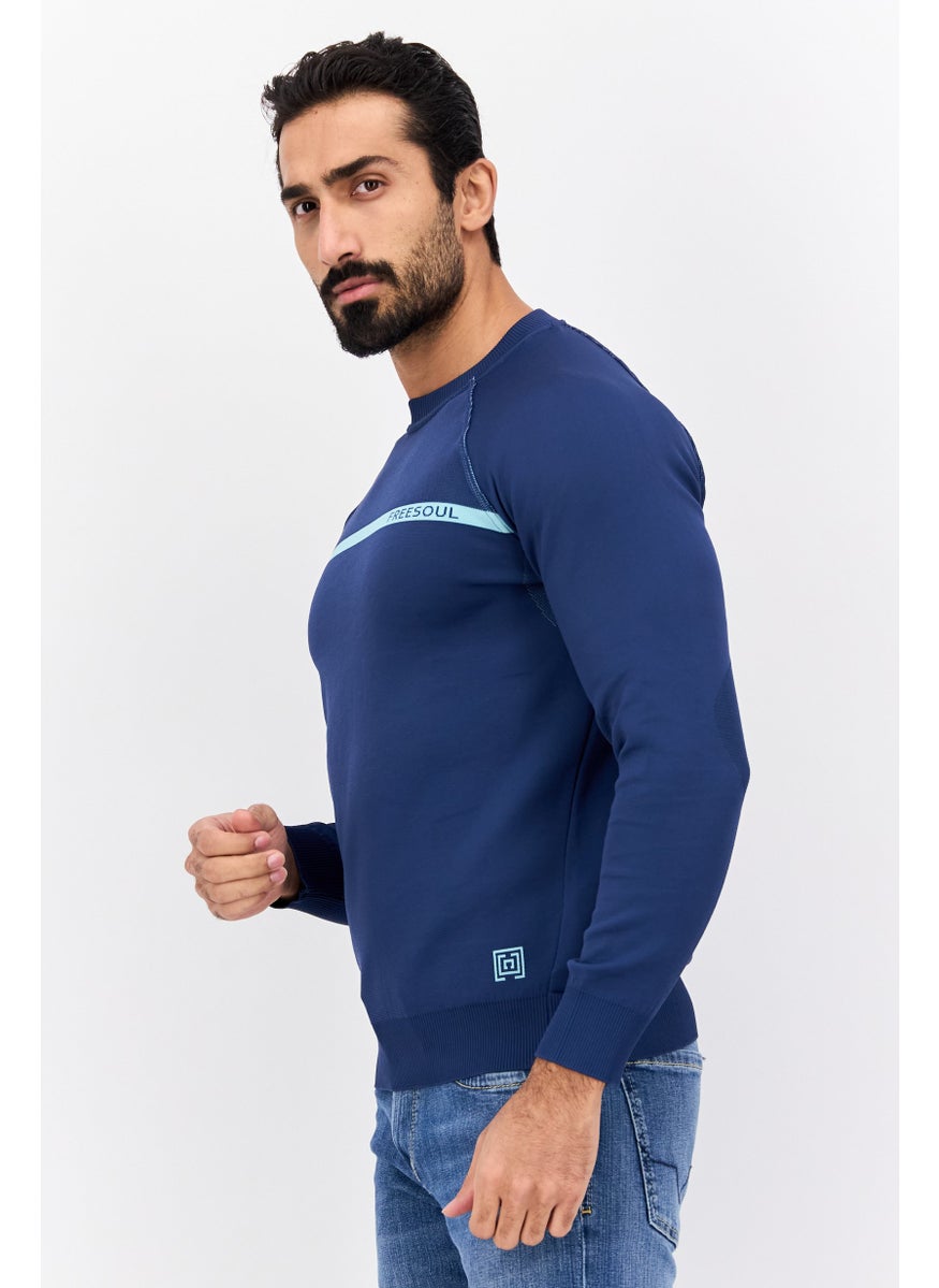 Free Soul Men Crew Neck Long Sleeves Brand Logo Sweatshirt, Navy  - Image 2