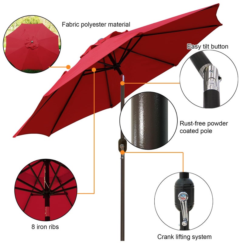 Blissun 9' Outdoor Patio Umbrella, Outdoor Table Umbrella, Yard Umbrella, Market Umbrella with 8 Sturdy Ribs, Push Button Tilt and Crank (Red) - Image 2