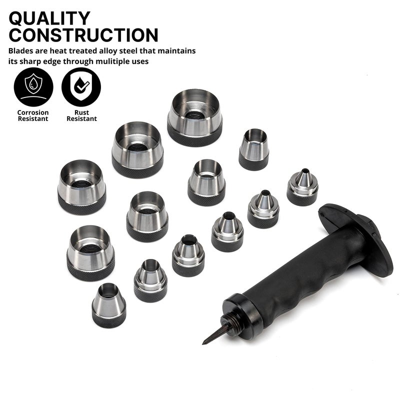 NEIKO 02604A Hole Punch Set | SAE & Metric, 3/16” – 1-3/8” & 5 – 35mm | 14 Piece Sharp Hollow Hole Punch Kit, Gasket Cutting Puncher, Foam Cutter, & Leather Hole Punches | 6” Interchangeable - Image 2
