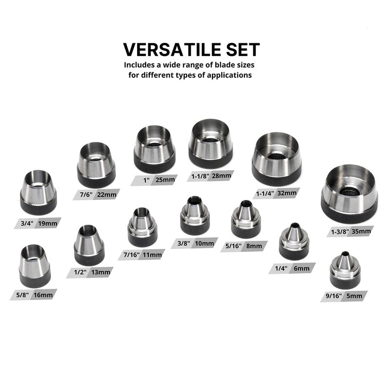 NEIKO 02604A Hole Punch Set | SAE & Metric, 3/16” – 1-3/8” & 5 – 35mm | 14 Piece Sharp Hollow Hole Punch Kit, Gasket Cutting Puncher, Foam Cutter, & Leather Hole Punches | 6” Interchangeable - Image 3