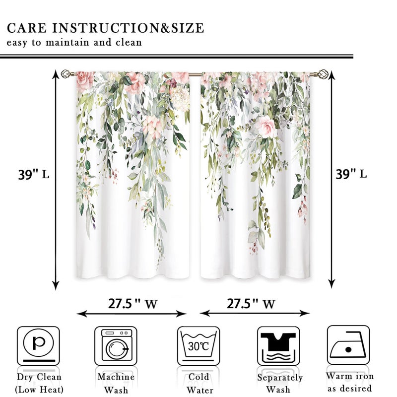 oolygoo Eucalyptus Botanical Leaves Pink Rose Floral Kitchen Window Curtains Flower Plant Leaf Small Window Treatment Sage Green Cafe Short Curtains for Bathroom Treatment Tier Drapes 27.9x39 inch - Image 2