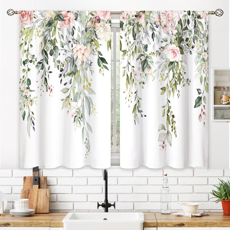 oolygoo Eucalyptus Botanical Leaves Pink Rose Floral Kitchen Window Curtains Flower Plant Leaf Small Window Treatment Sage Green Cafe Short Curtains for Bathroom Treatment Tier Drapes 27.9x39 inch - Image 3