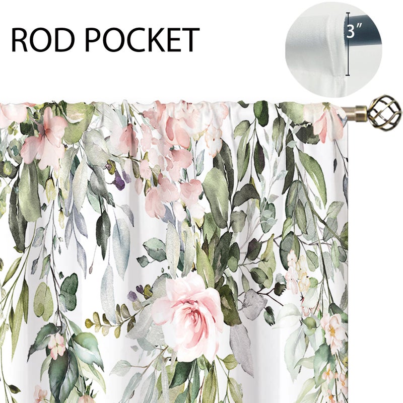 oolygoo Eucalyptus Botanical Leaves Pink Rose Floral Kitchen Window Curtains Flower Plant Leaf Small Window Treatment Sage Green Cafe Short Curtains for Bathroom Treatment Tier Drapes 27.9x39 inch - Image 5