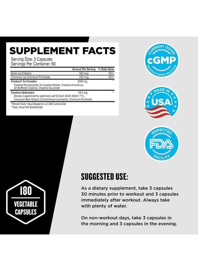 Beast Sports Nutrition - Creature 180 Vegetable Capsules 5 Forms Of Creatine + Creatine Optimizers Improve Strength Muscle Tone Endurance Recovery & Energy Production 60 Servings - Image 1