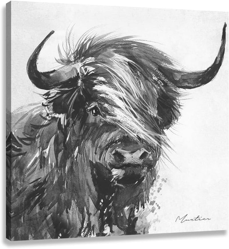 Woxfcart Kitchen Highland Cow Wall Art Black and White Rustic Farmhouse Cute Cattle Animal Picture Print on Canvas Framed Artwork for Dining Room Decor 24x24 - Image 1