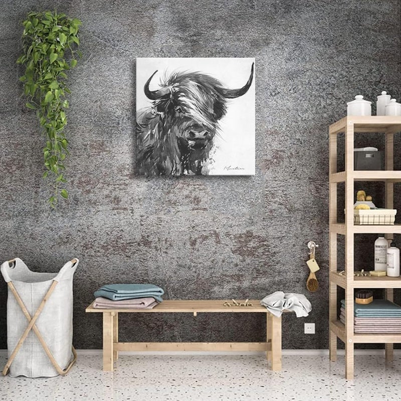 Woxfcart Kitchen Highland Cow Wall Art Black and White Rustic Farmhouse Cute Cattle Animal Picture Print on Canvas Framed Artwork for Dining Room Decor 24x24 - Image 5