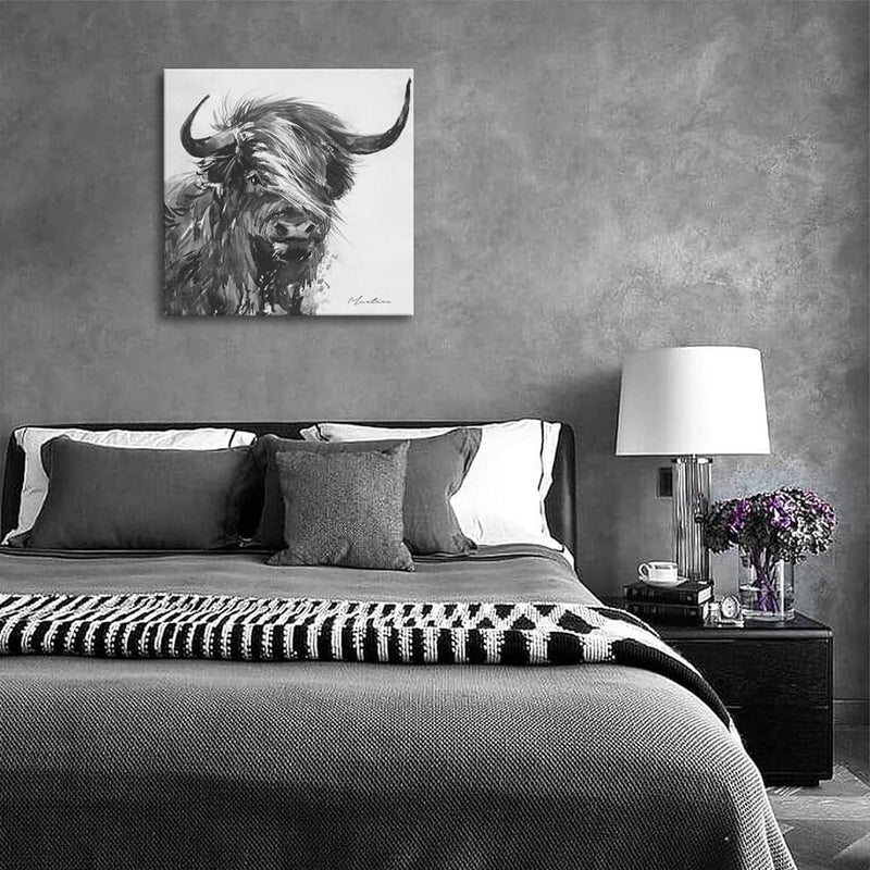 Woxfcart Kitchen Highland Cow Wall Art Black and White Rustic Farmhouse Cute Cattle Animal Picture Print on Canvas Framed Artwork for Dining Room Decor 24x24 - Image 4