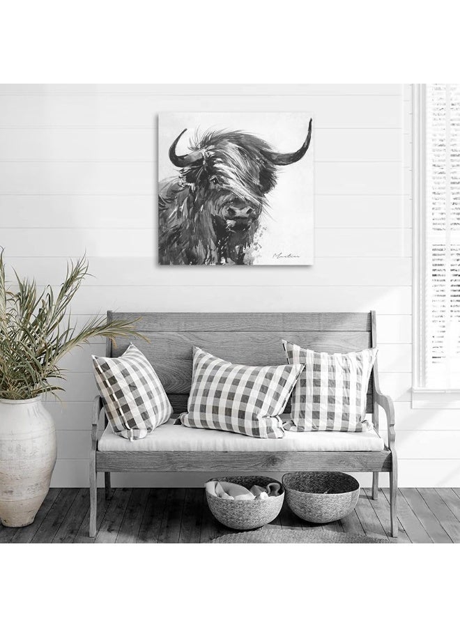 Woxfcart Kitchen Highland Cow Wall Art Black and White Rustic Farmhouse Cute Cattle Animal Picture Print on Canvas Framed Artwork for Dining Room Decor 24x24 - Image 2