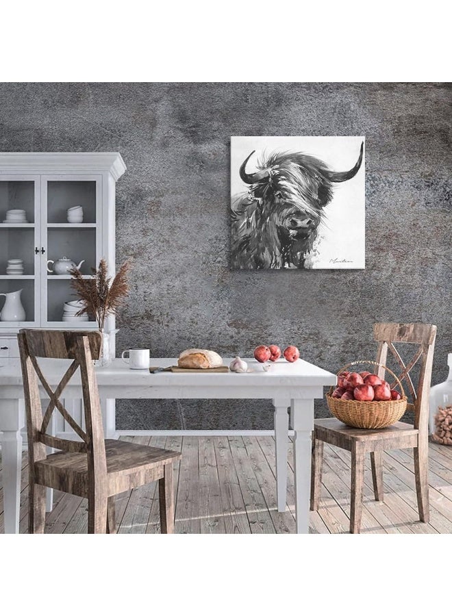 Woxfcart Kitchen Highland Cow Wall Art Black and White Rustic Farmhouse Cute Cattle Animal Picture Print on Canvas Framed Artwork for Dining Room Decor 24x24 - Image 3