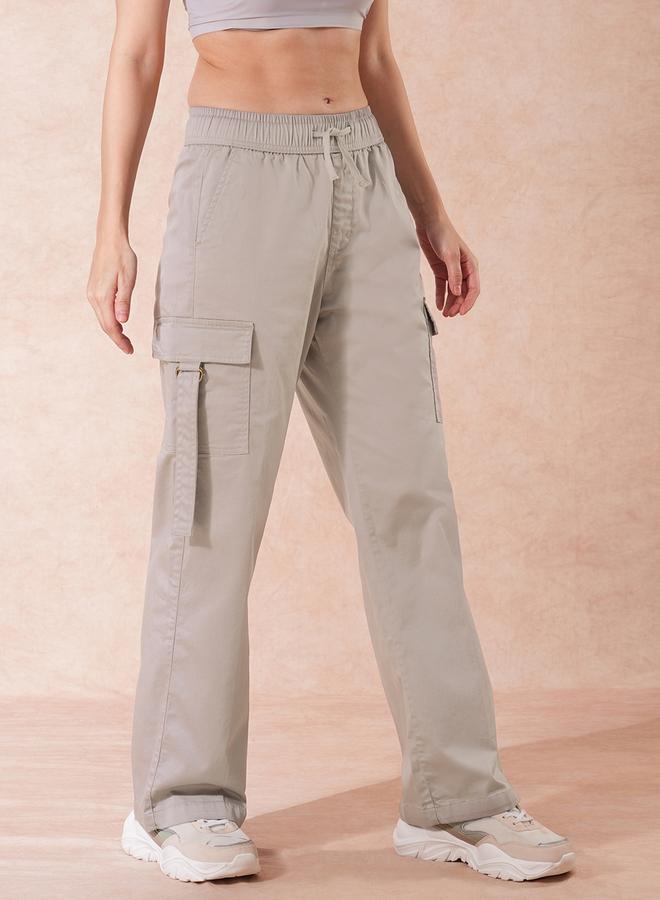 globus Grey Cotton Mid-Rise Wide Leg Cargo Trousers - Image 4
