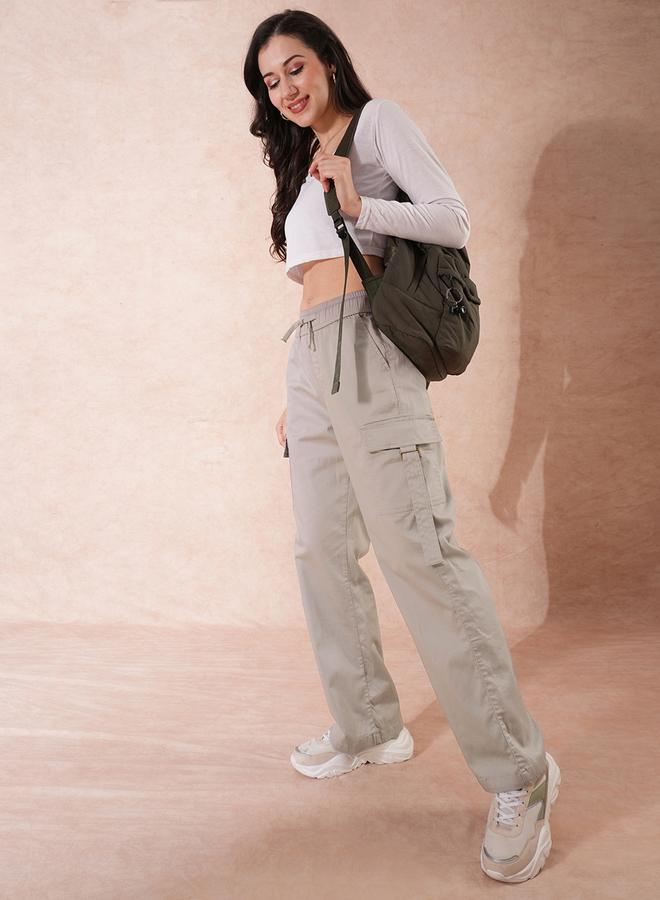 globus Grey Cotton Mid-Rise Wide Leg Cargo Trousers - Image 1