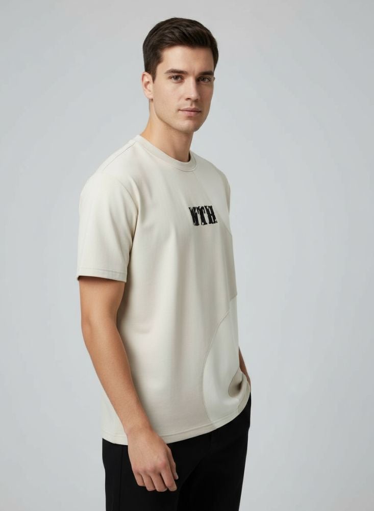 بريميم تي شيرت قطني عصري باللونين الكريمي والأبيض - Image 2