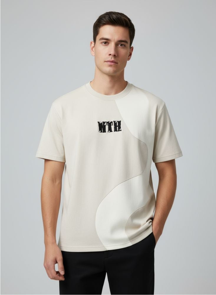 بريميم تي شيرت قطني عصري باللونين الكريمي والأبيض - Image 1