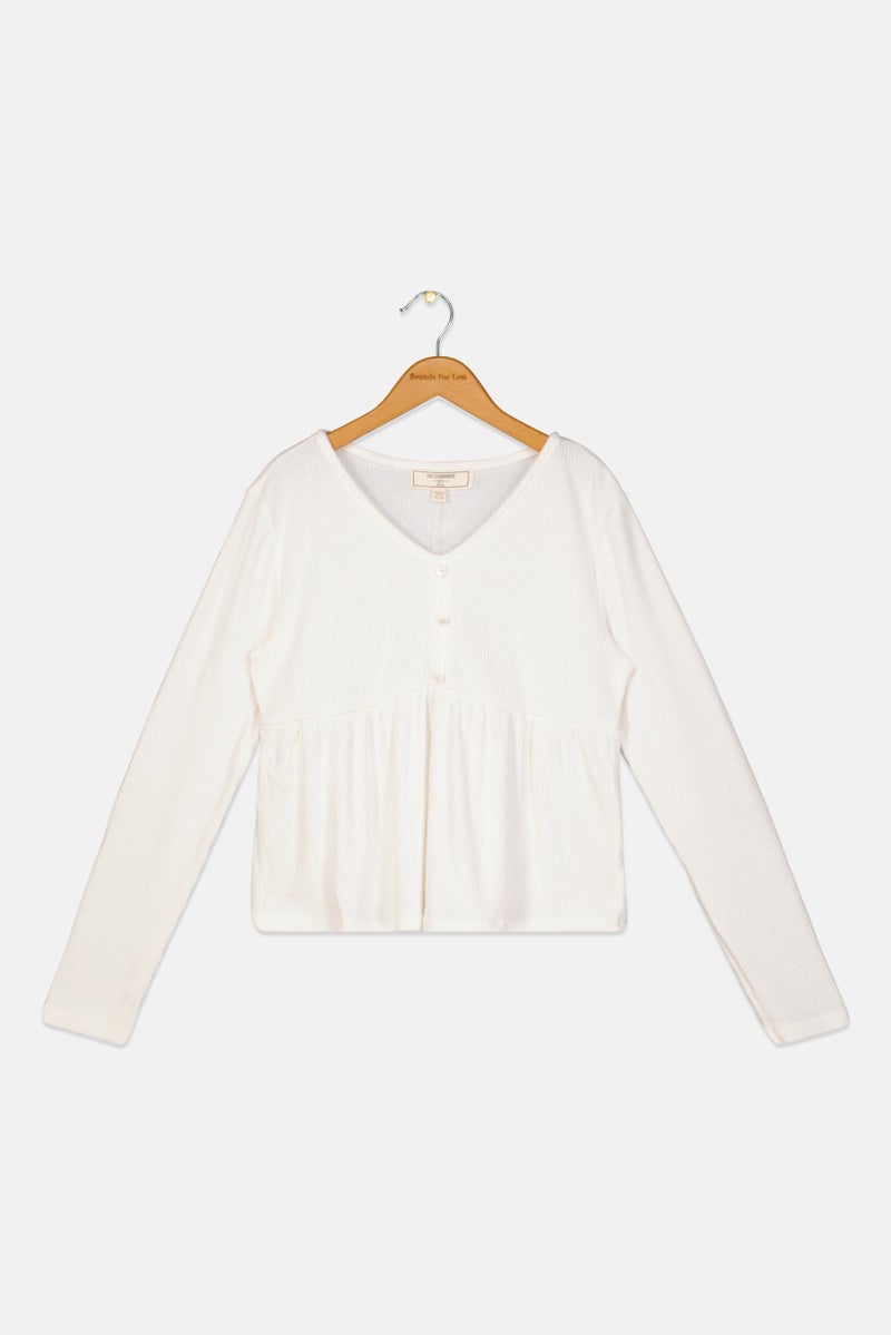 No Comment Kids Girl Textured Long Sleeves Top, Off White - Image 1
