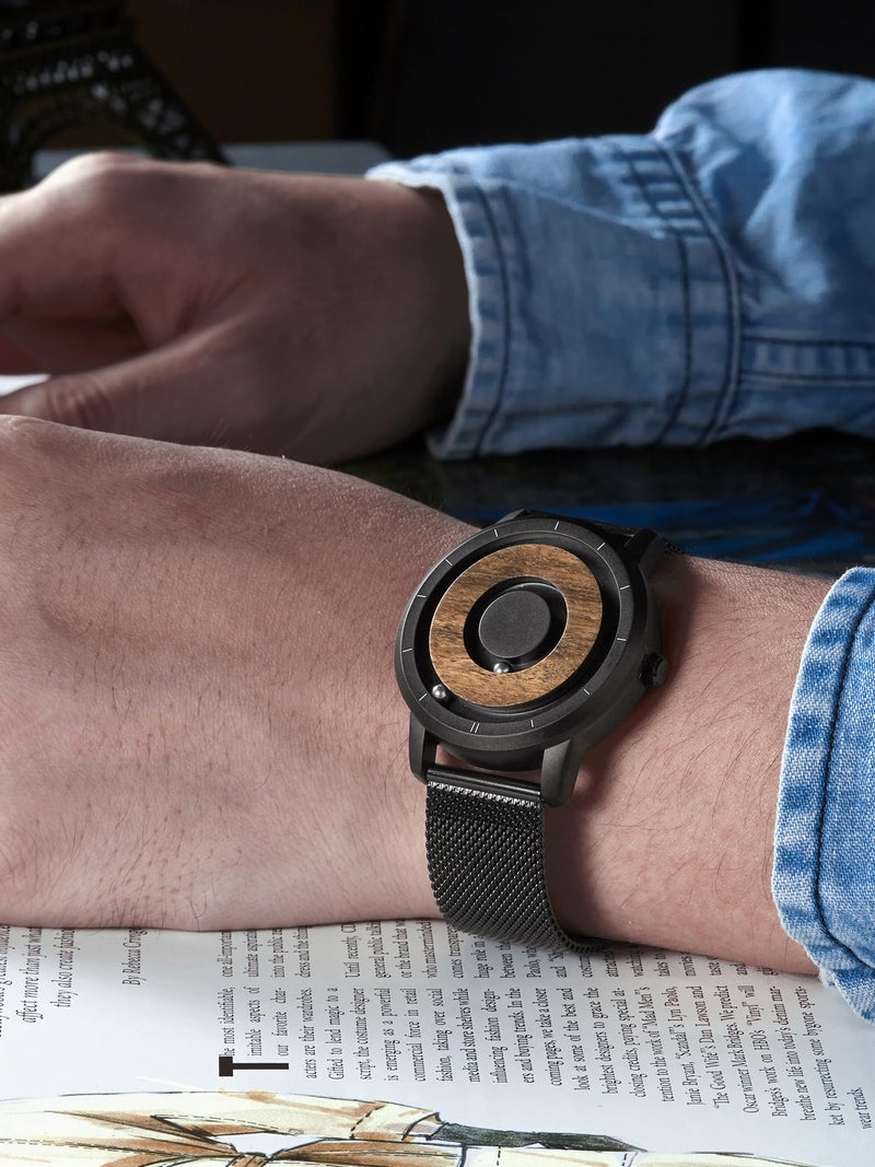 EUTOUR Mens Watches Men Wooden Magnetic Watches Analogue Mens Watch Natural Wood Case Stainless Steel Mesh Strap Black 40mm E022A - Image 2