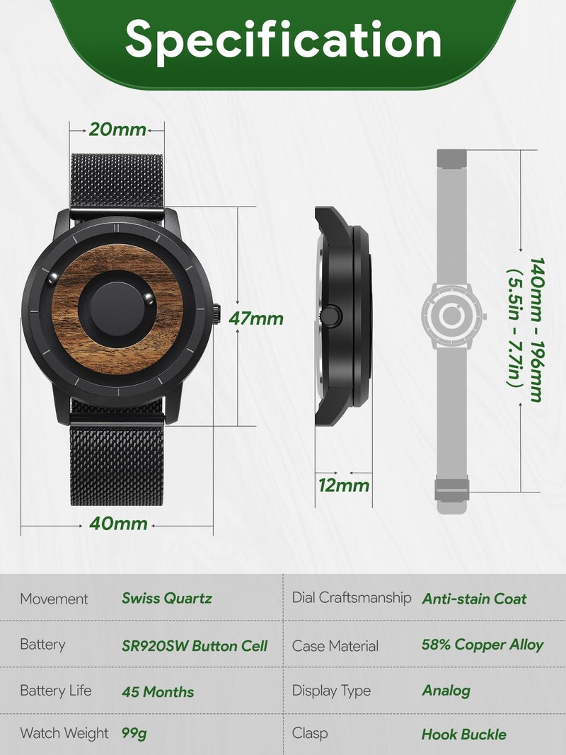 EUTOUR Mens Watches Men Wooden Magnetic Watches Analogue Mens Watch Natural Wood Case Stainless Steel Mesh Strap Black 40mm E022A - Image 4
