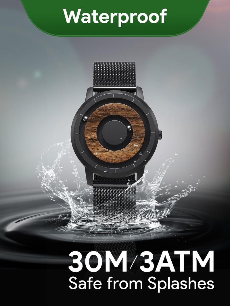 EUTOUR Mens Watches Men Wooden Magnetic Watches Analogue Mens Watch Natural Wood Case Stainless Steel Mesh Strap Black 40mm E022A - Image 5
