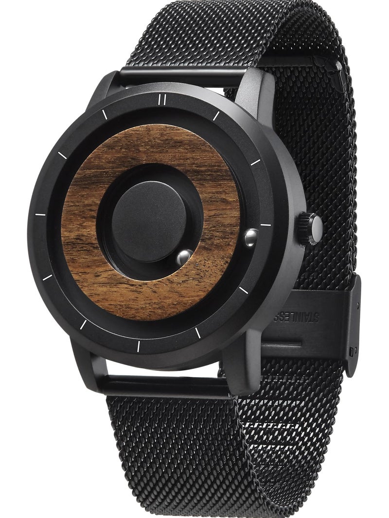 EUTOUR Mens Watches Men Wooden Magnetic Watches Analogue Mens Watch Natural Wood Case Stainless Steel Mesh Strap Black 40mm E022A - Image 1