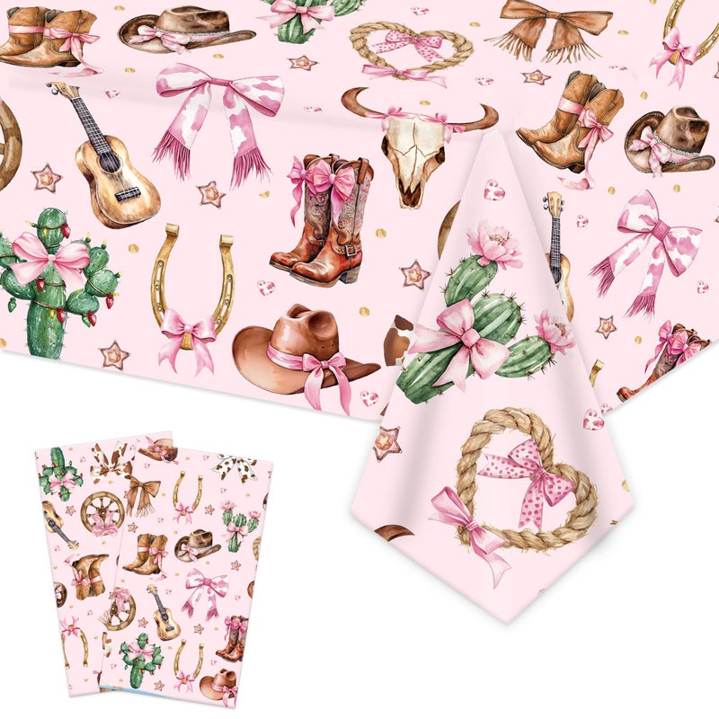 umoni Cowgirl Party Supplies Pink Western Cowgirl Tablecloth 2PCS Coquette Cowgirl Party Supplies Tablecover Disposable Wild West Guitar Bow and Boot Table Cover for Birthday Baby Shower Decor - Image 1
