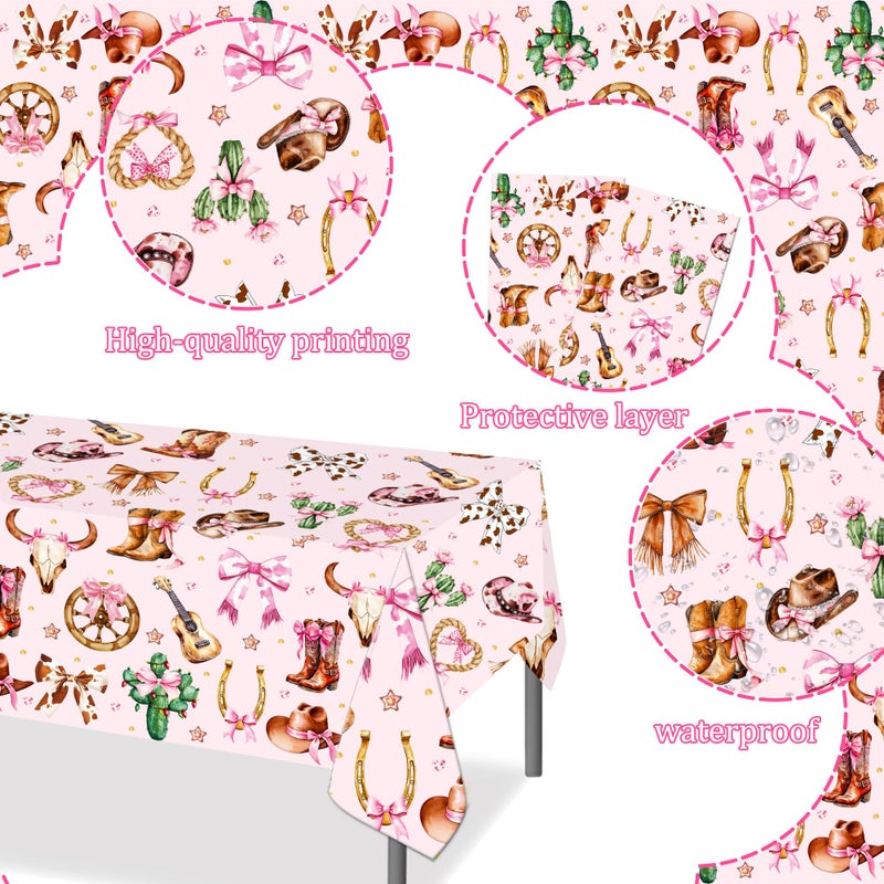 umoni Cowgirl Party Supplies Pink Western Cowgirl Tablecloth 2PCS Coquette Cowgirl Party Supplies Tablecover Disposable Wild West Guitar Bow and Boot Table Cover for Birthday Baby Shower Decor - Image 3