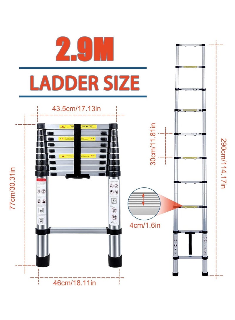 2.9m/9.5ft Telescopic Ladder, Multipurpose Aluminum Extendable Ladder with Adjustable Height, Portable Durable Folding Overhead Ladder for Window Roof Repair Replacement - Image 2