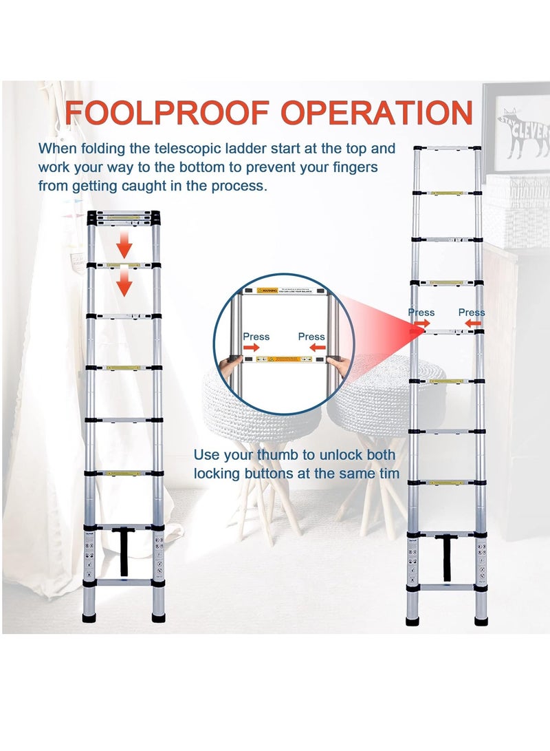 2.9m/9.5ft Telescopic Ladder, Multipurpose Aluminum Extendable Ladder with Adjustable Height, Portable Durable Folding Overhead Ladder for Window Roof Repair Replacement - Image 3