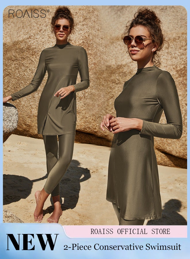 roaiss 2-Piece Women's Conservative Swimsuit Casual Solid Color Mid High Collar Sunscreen Suit Muslim Beach Surfing Swimsuit - Image 1