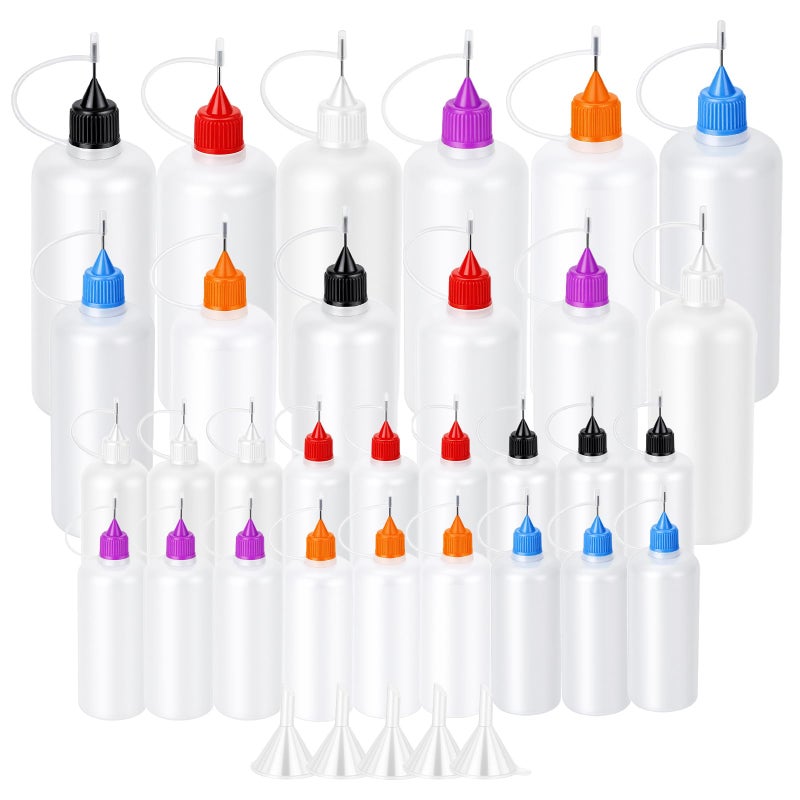 Goodma 30 Pcs Mixed Sized Precision Tip Applicator Bottles with Multicoloured Tips, Comes with 5 Pcs Mini Funnel for DIY Quilling Craft, Acrylic Painting, Small Gluing Projects, Oiler Bottle - Image 1