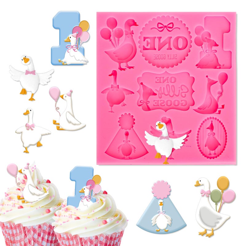 JarThenaAMCS One Silly Goose Birthday Fondant Molds Funny Silly Goose Silicone Molds Chocolate Candy Mould for Kitchen Crafts Baking First Birthday Baby Shower Party