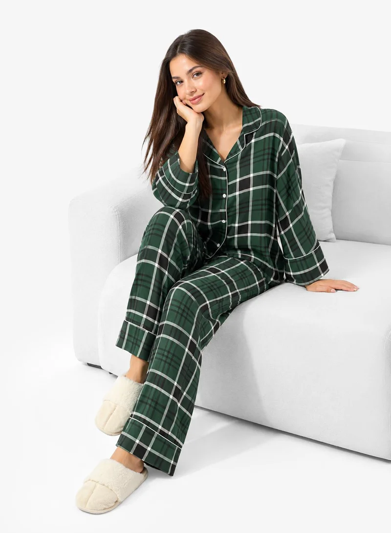 Ginger Checkered Button Up Shirt & Pyjama Set