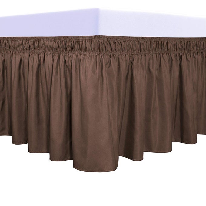 WRAP AROUND RUFFLED BED SKIRT WITH ADJUSTABLE ELASTIC BELT 18 INCH DROP EASY TO PUT ON WRINKLE FREE BEDSKIRT DUST RUFFLES BED FRAME COVER FOR QUEEN KING AND CKING SIZE BEDS BROWN