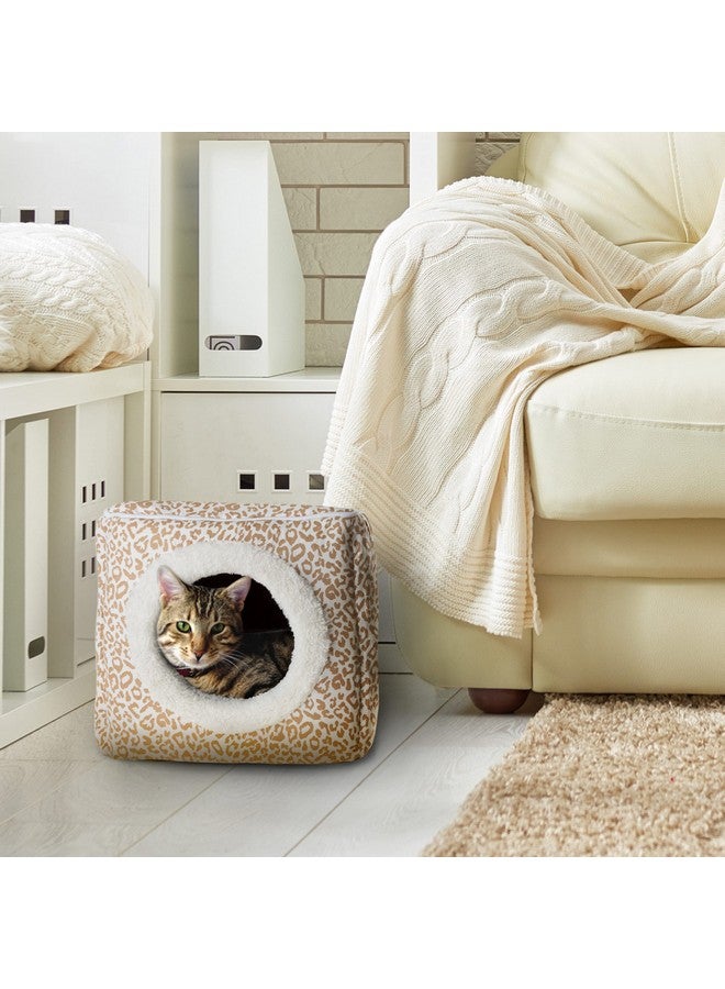 PETMAKER Cat Pet Bed Cave- Indoor Enclosed Covered Cavern/House for Cats Kittens and Small Pets with Removable Cushion Pad by PETMAKER, Tan/White Animal Print 13x12x12 - Image 2