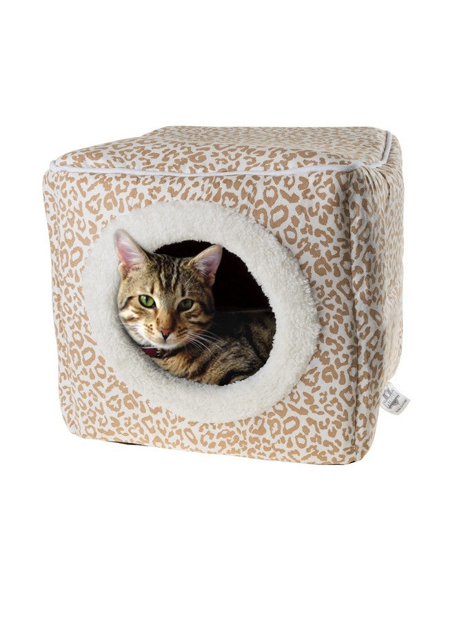 PETMAKER Cat Pet Bed Cave- Indoor Enclosed Covered Cavern/House for Cats Kittens and Small Pets with Removable Cushion Pad by PETMAKER, Tan/White Animal Print 13x12x12 - Image 1