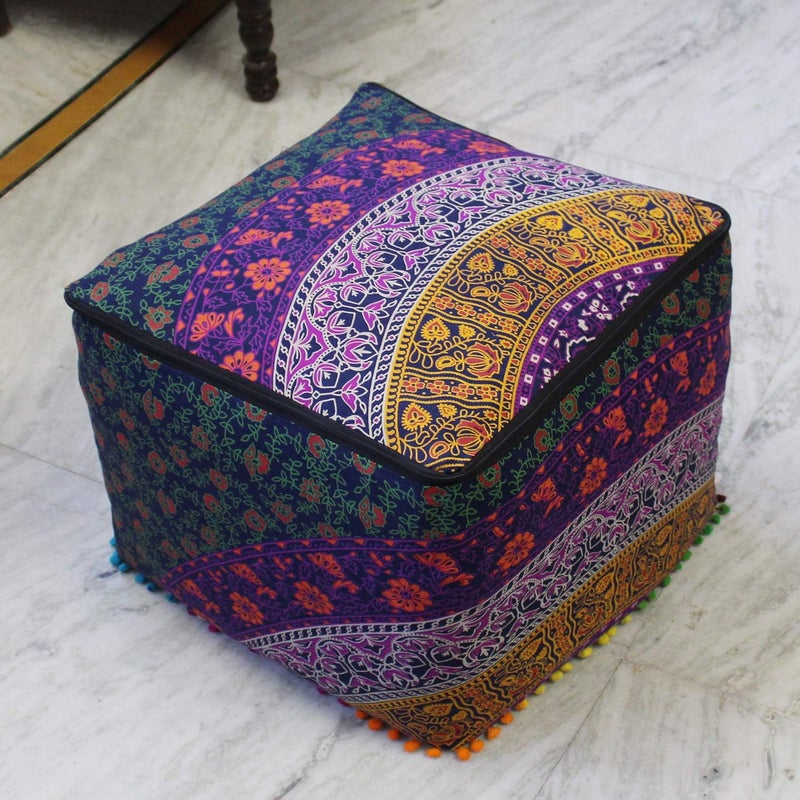 CRAFT KALA غطاء وسادة طاولة مربعة ذات تصميم هندي تقليدي من ، بحجم 20×20×14 بوصة، بلون الفيل الأزرق الغامق. - Image 5