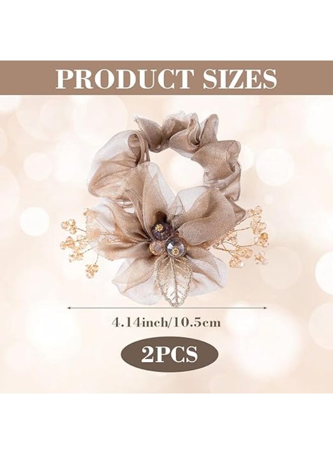 2PCS Mesh Flower Elastic Hair Ties, Leaf Embroidery Acrylic Rhinestone Hair Band, Champagne Ponytail Holders, Elegant Hair Scrunchies, Hair Accessories for Women, Girls, for Daily Use, Party - Image 2