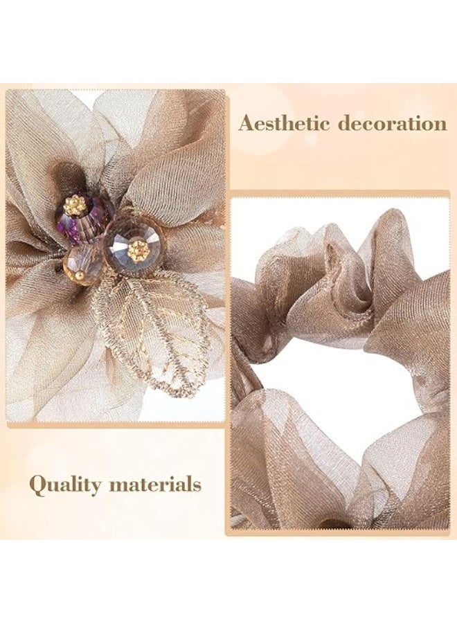 2PCS Mesh Flower Elastic Hair Ties, Leaf Embroidery Acrylic Rhinestone Hair Band, Champagne Ponytail Holders, Elegant Hair Scrunchies, Hair Accessories for Women, Girls, for Daily Use, Party - Image 3